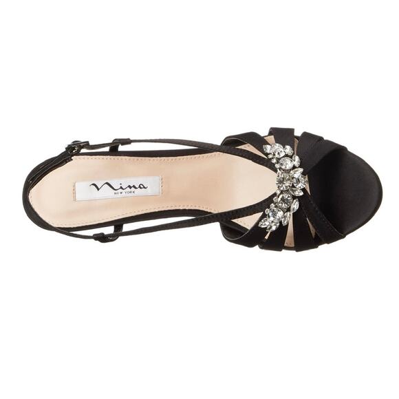 Nina Viani Evening Wedge Sandals Womens size 7 M Black Luster Satin + Rhinestone - Picture 2 of 16